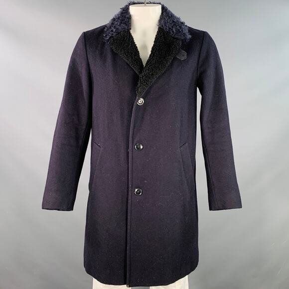 DRIES VAN NOTEN Size 42 Navy Black Wool Blend Faux Fur Collar Coat - Picture 1 of 10
